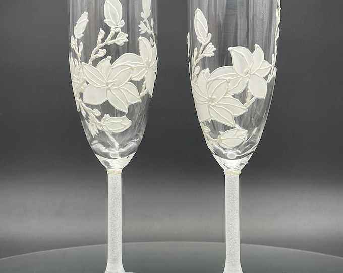 Hand Painted white magnolia champagne flutes