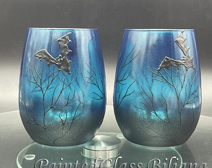 Hand Painted Halloween stemless wine glasses: Black and turquoise Bats, Set of 2