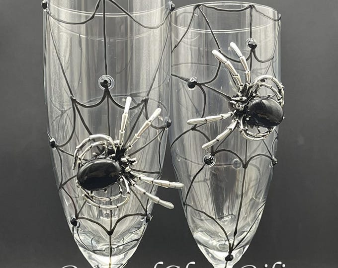 Black silver spider Halloween champagne flutes