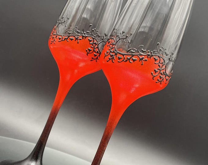 Hand Painted Gatsby style champagne flutes in red and black, Set of 2
