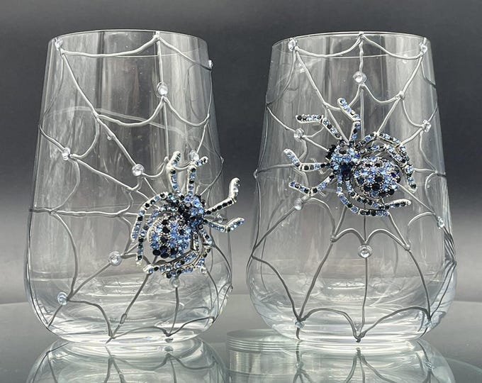 Blue crystal spider Halloween stemless wine glasses
