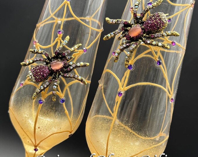 Gold purple spider Halloween champagne flutes