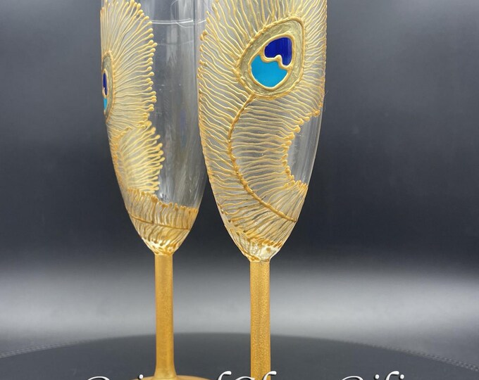 Gold & blue peacock feather champagne flutes, set of 2
