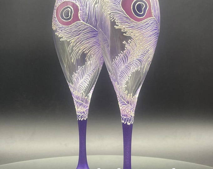 Hand Painted Champagne Glasses: peacock feathers in white and purple, Set of 2