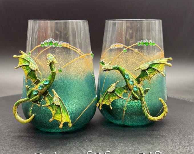 Hand painted Green dragon stemless wine glasses