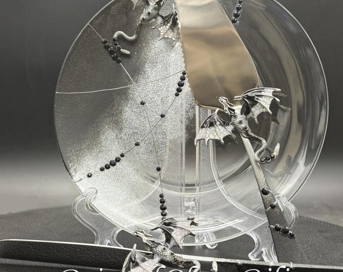 Hand painted Silver black dragon wedding set cake server, cake knife and a plate