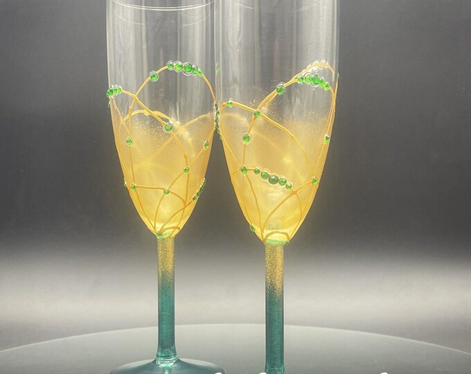 Emerald green & gold pained white wine/ champagne glasses