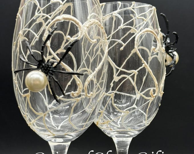 White spider heart Halloween wine glasses