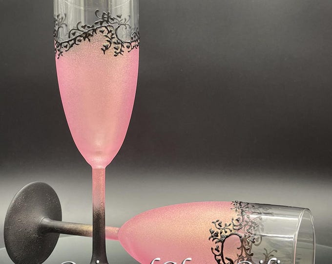 Sakura set of 2 Hand Painted champagne flutes Gatsby style in pink and black