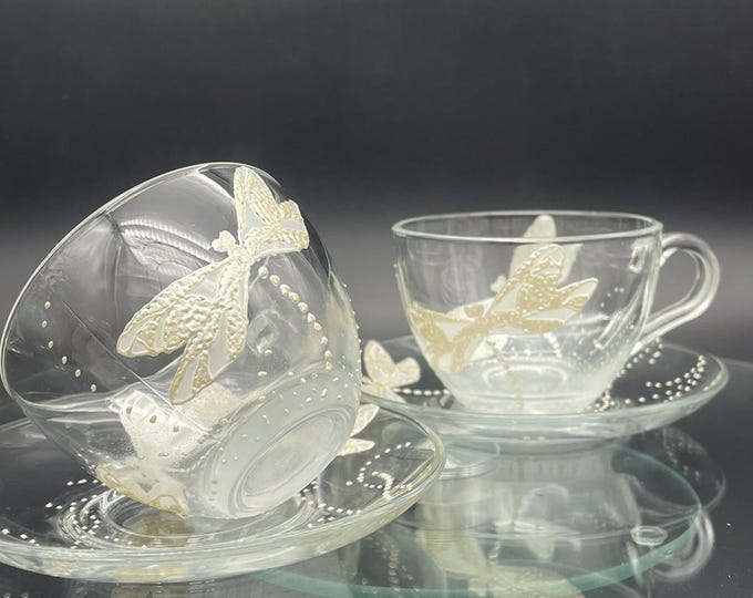White dragonfly pained coffee tea glasses