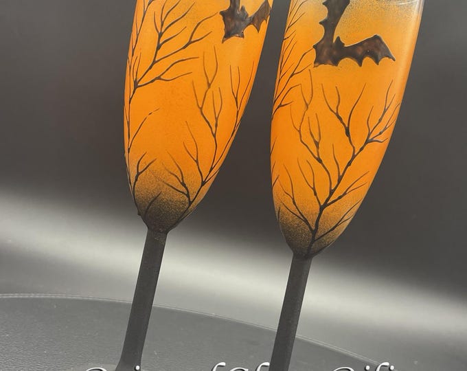 Hand Painted Halloween Wedding Champagne Flutes: Black and Orange Bats, Set of 2