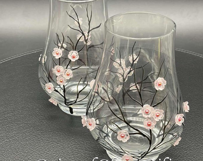 Sakura set of 2 Hand Painted whiskey glasses Cherry blossom