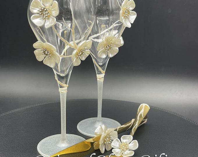 Hand Painted Sakura Cherry Blossom Champagne Flutes wedding set