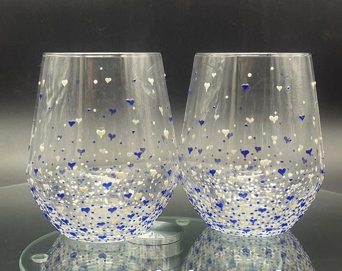 Hand Painted Wine Glasses: Pearly White & blue Hearts, Set of 2