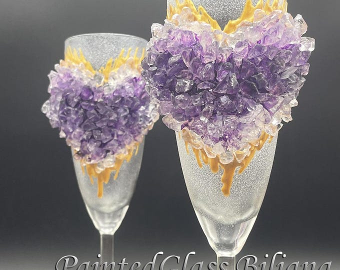 Amethyst geode heart champagne flutes