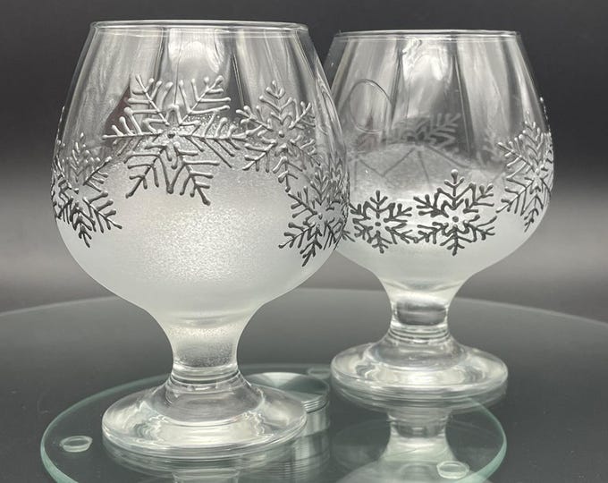 Hand Painted Silver Snowflake Brandy Glasses