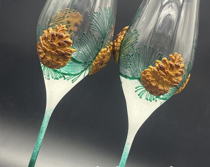 Pine tree wedding champagne flutes, Christmas wedding theme