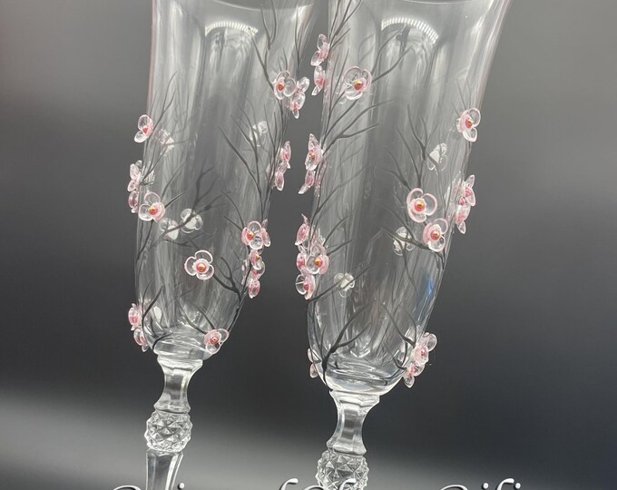 Hand Painted Sakura Cherry Blossom Champagne Flutes wedding set