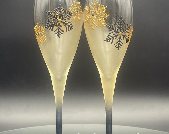 Hand Painted Champagne Glasses: Gold & black snowflakes, Set of 2