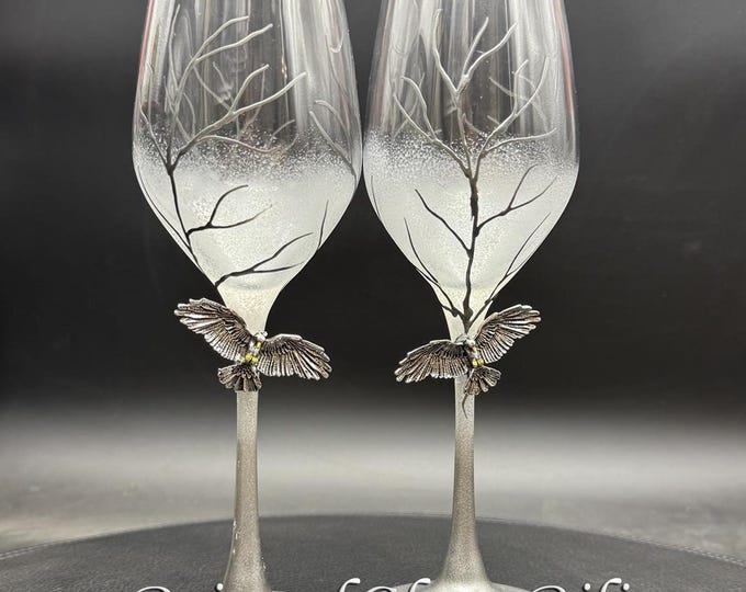 Silver raven crow toasting wine glasses