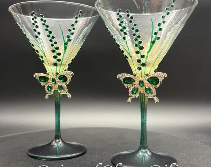 Emerald green butterfly pained martini glasses