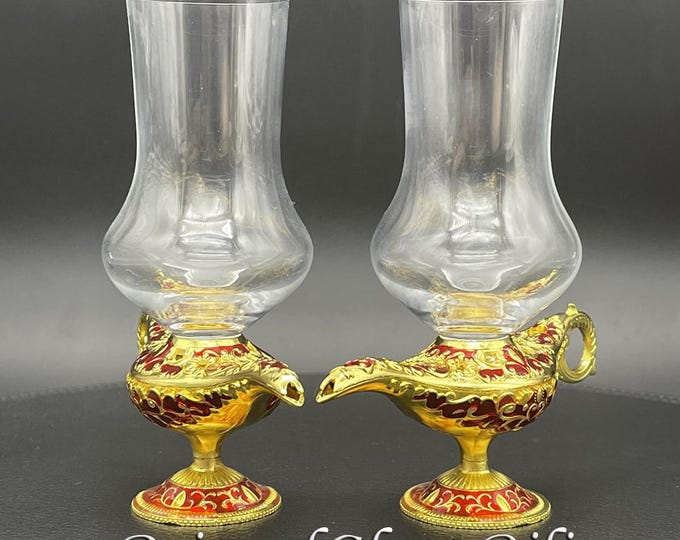 Aladdin magic lamp wedding champagne flutes, gold & red color, fairytale wedding glasses