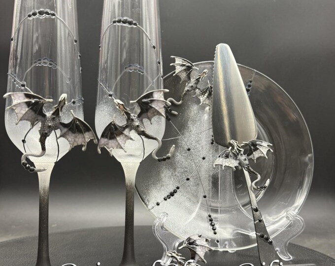 Hand painted Silver black dragon wedding set cake server, cake knife and a plate