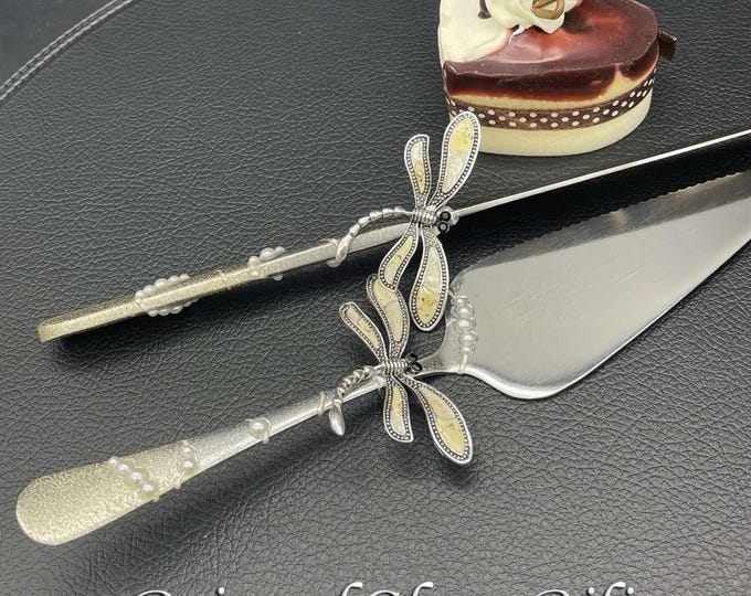Hand Painted Beige dragonfly cake server set