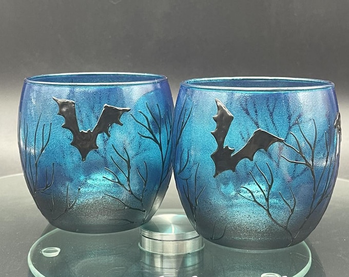 Hand Painted Halloween whiskey glasses: Black and turquoise Bats, Set of 2