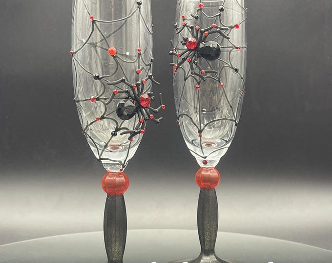 Red spider Halloween white wine/ champagne glasses