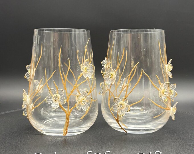 Sakura set of 2 Hand Painted stemless wine glasses Cherry blossom