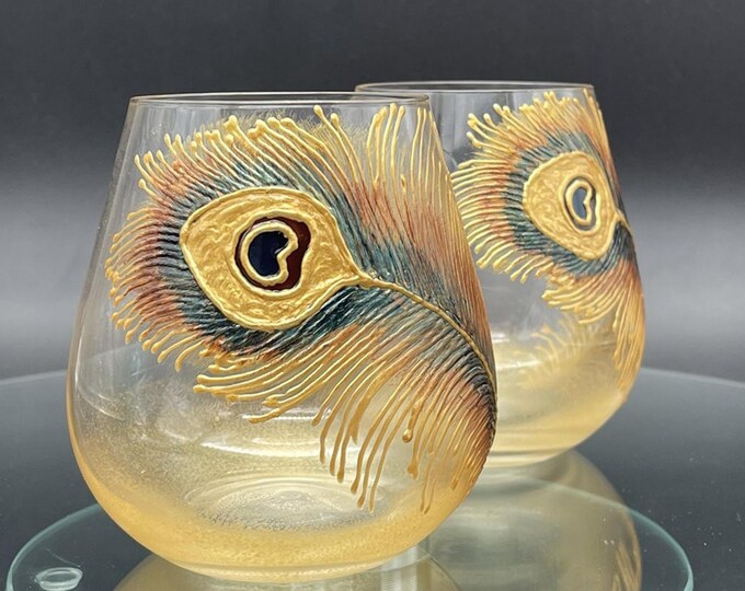 Gold & brown peacock feather whiskey glasses, set of 2