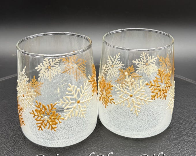 Hand Painted White gold Snowflake Stemless Wine Glasses: Winter Christmas Toasting Set