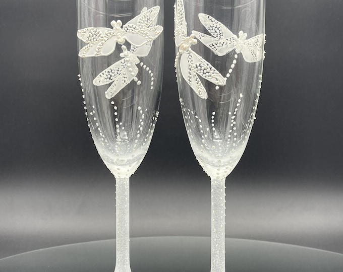 White dragonfly hand pained white wine/ champagne glasses