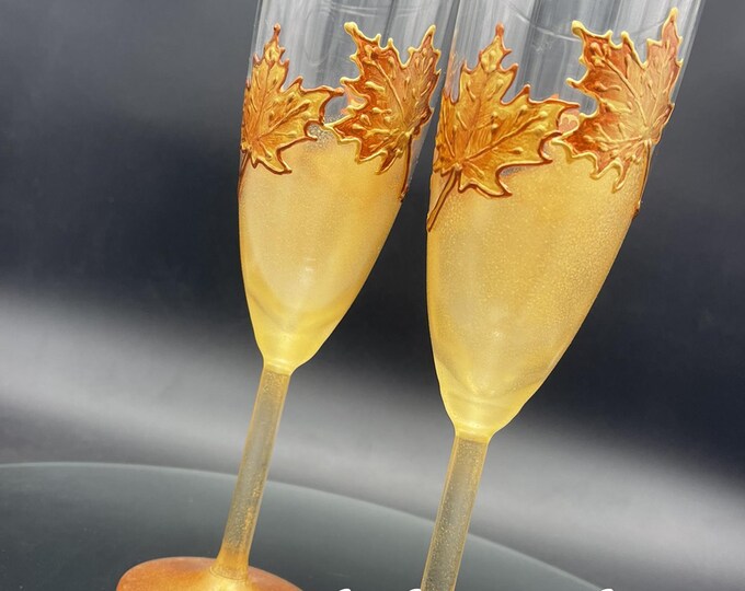 Autumn set of 2 hand painted wedding champagne flutes Maple leaf toasting glasses
