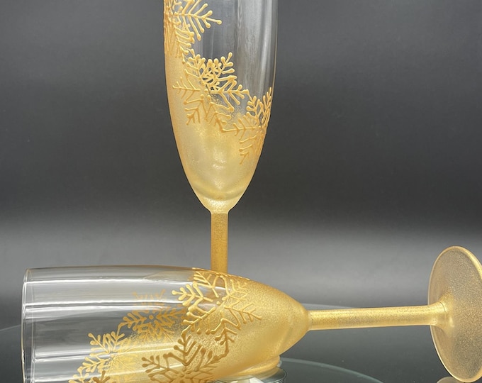 Hand Painted Gold Snowflake White Wine Glasses: Winter Christmas Toasting Set
