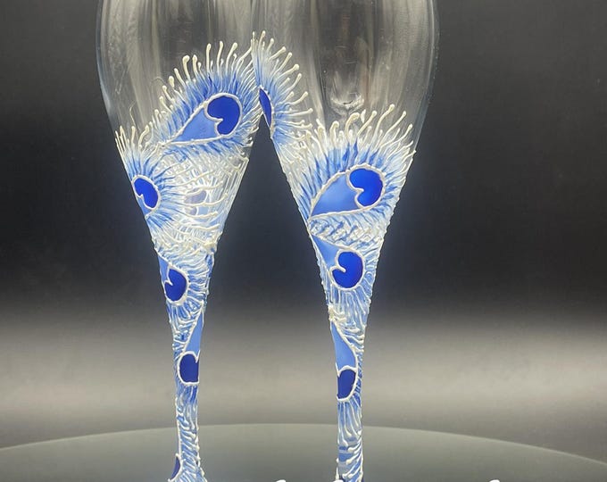 Hand Painted Champagne Glasses: peacock feathers in white and blue, Set of 2