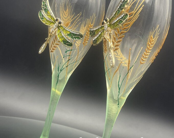 Green & gold dragonfly pained white wine/ champagne glasses