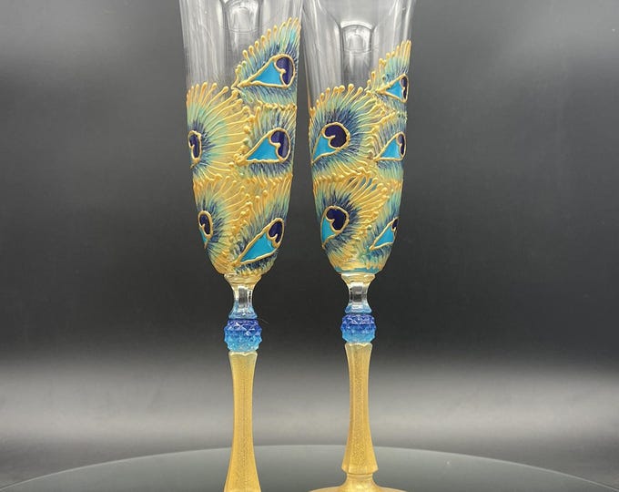 Set of 2 hand painted wedding champagne flutes Peacock lace theme wedding glasses