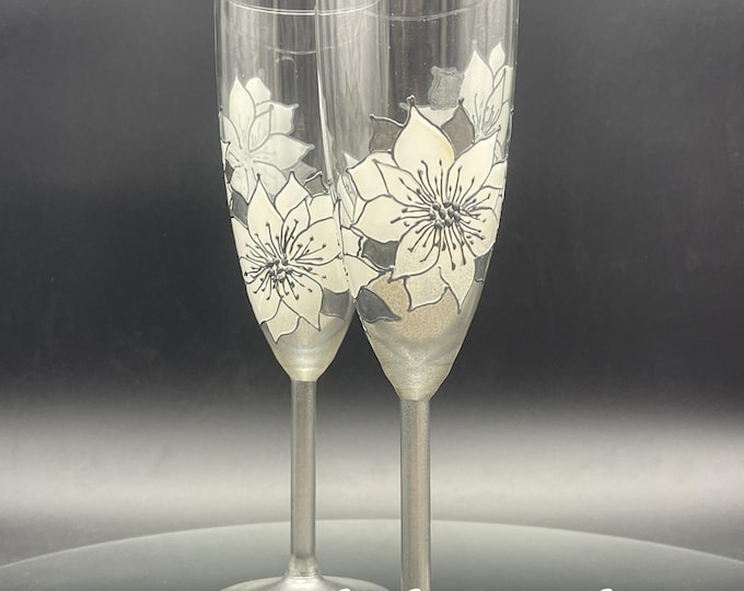 Set of 2 Hand Painted Christmas unique champagne glasses Silver Poinsettia