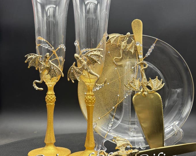Hand painted Gold dragon wedding set cake server, cake knife and a plate