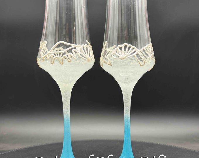 Hand Painted white & blue starfish shells beach champagne flutes