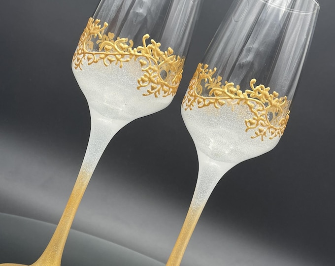 Hand-Painted Gatsby Style Wine Flutes: White Frost, Gold Lace (Set of 2)