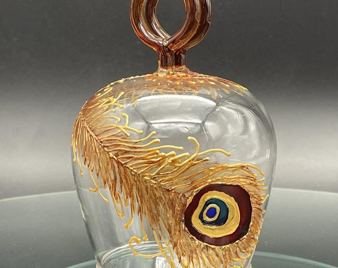 Hand-Painted Peacock Feather Wine Ring Glass, Gold Brown Turquoise (Personalized)