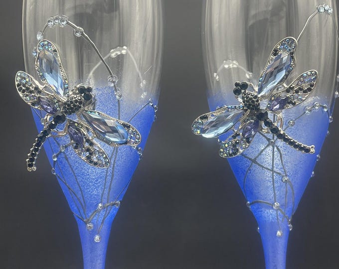 Set of 2 Hand Painted white wine/ champagne glasses Blue Crystal dragonflies