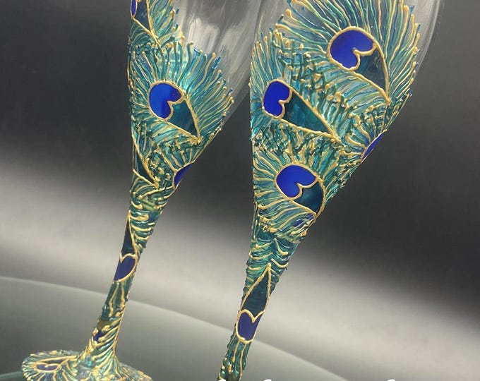 Hand Painted Champagne Glasses: peacock feathers in gold and blue, Set of 2