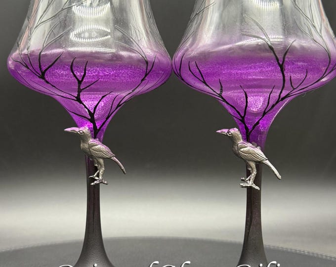 Purple raven crow wine glasses, Set of 2