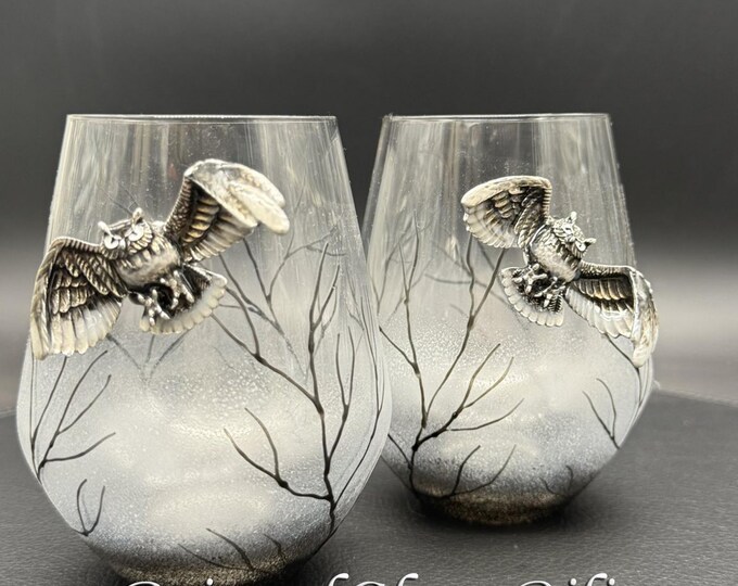 Black silver owl stemless wine glasses