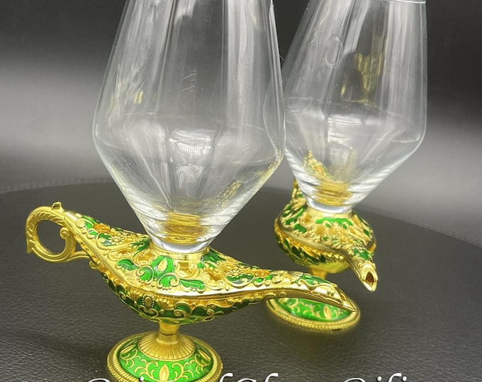 Aladdin magic lamp wedding champagne flutes, gold & green color, fairytale wedding glasses