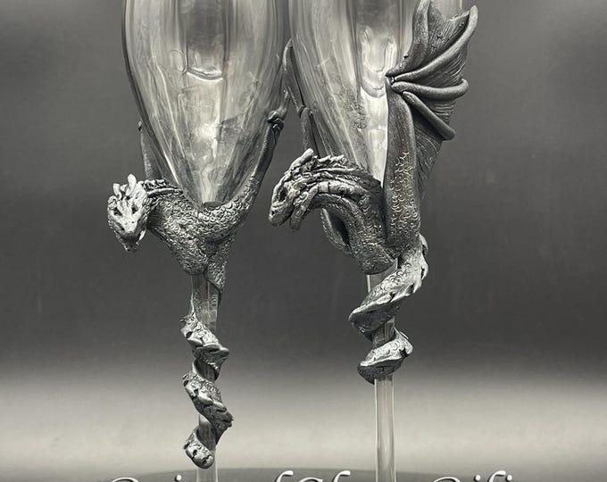 Handmade Silver Dragon Wedding Toasting Flutes: Game of Thrones Inspired